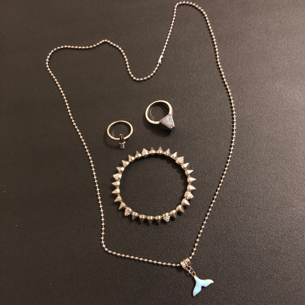 Silver Spike Bracelet Blue Whale Tail Pendant Necklace and 2 Rings Punk Jewelry
